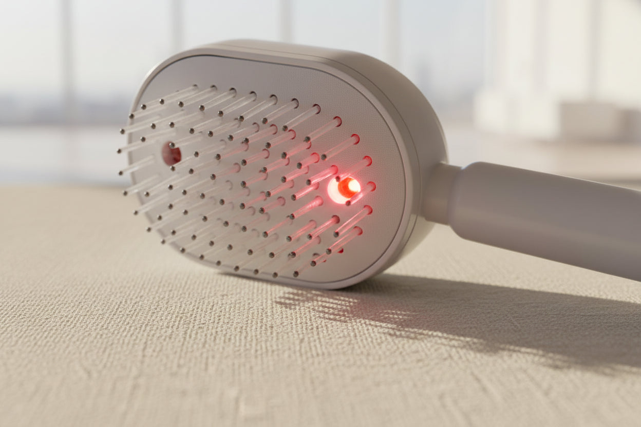 Shower head with red light on a beige surface in a modern room with large windows.